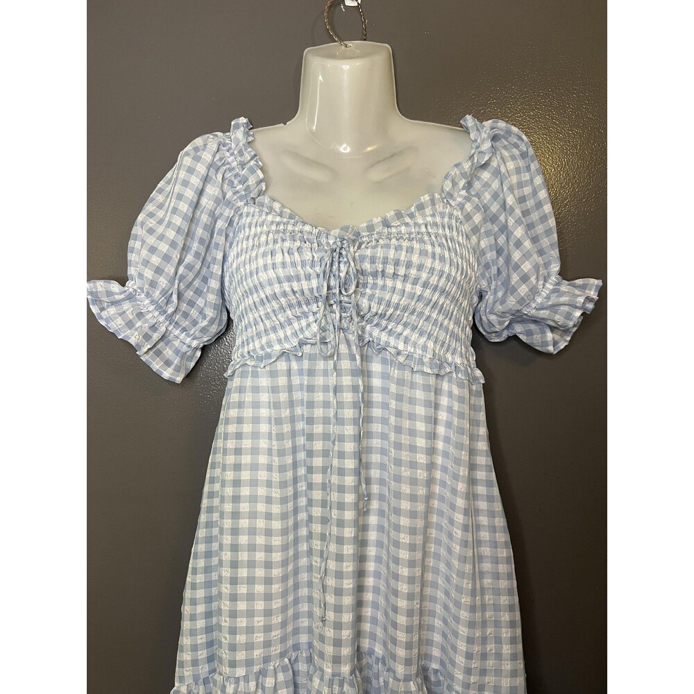 Piper & Scoot Dress Womens XS Blue Gingham Smocked Puff Sleeve Tiered Midi